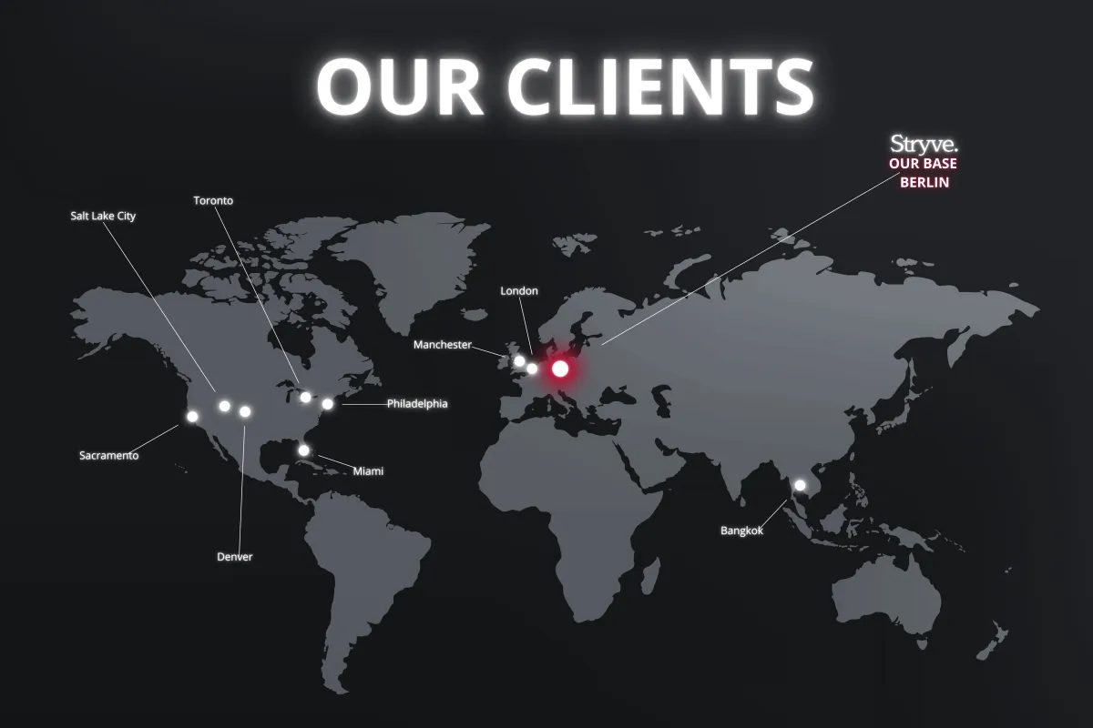 Map showcasing Stryve Solutions' global client base, highlighting locations such as Berlin, London, Miami, and Bangkok