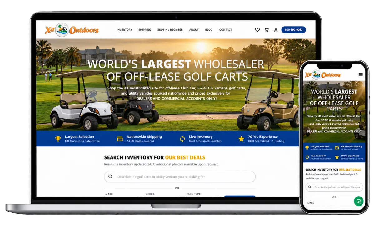 Mockup of an outdoor sports dealership website displayed on a laptop screen with a matching mobile view
