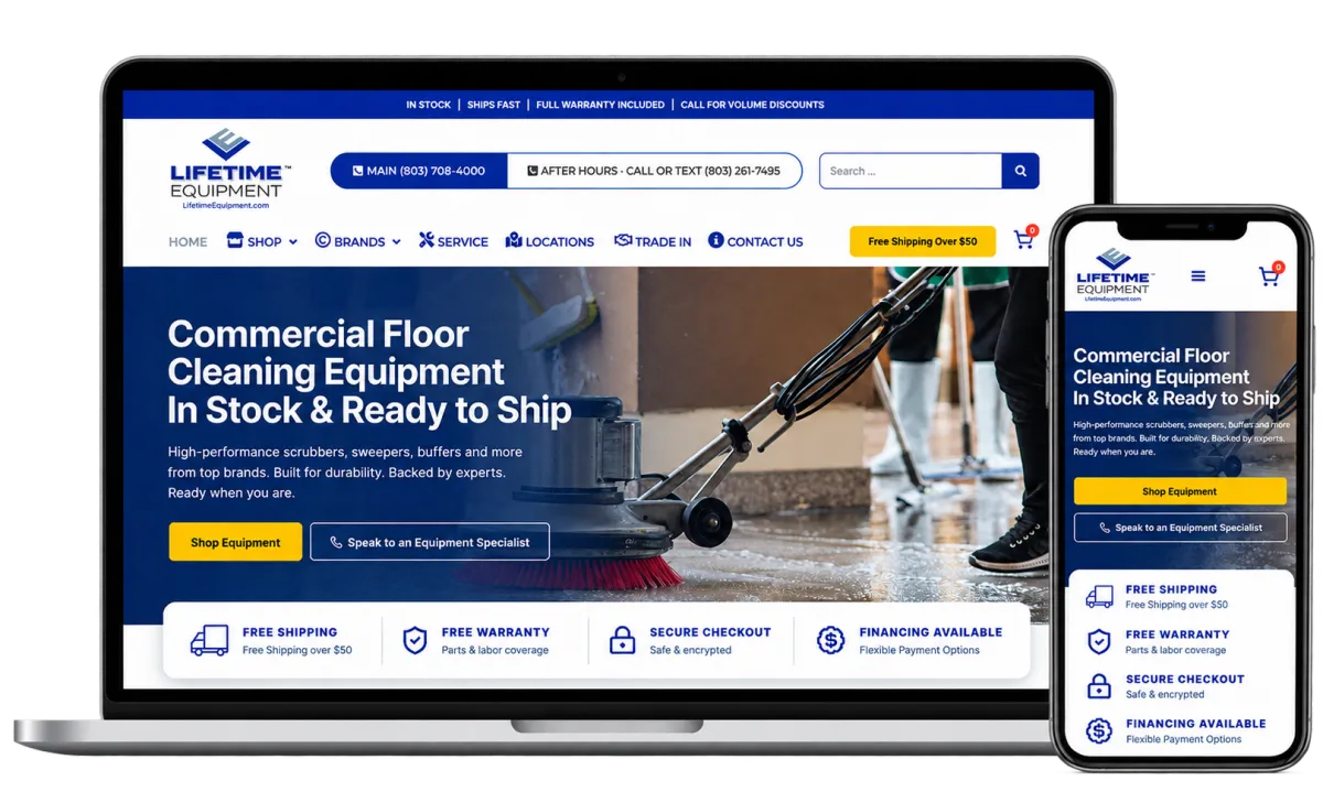 Mockup of an equipment dealership website displayed on a laptop screen with a matching mobile view