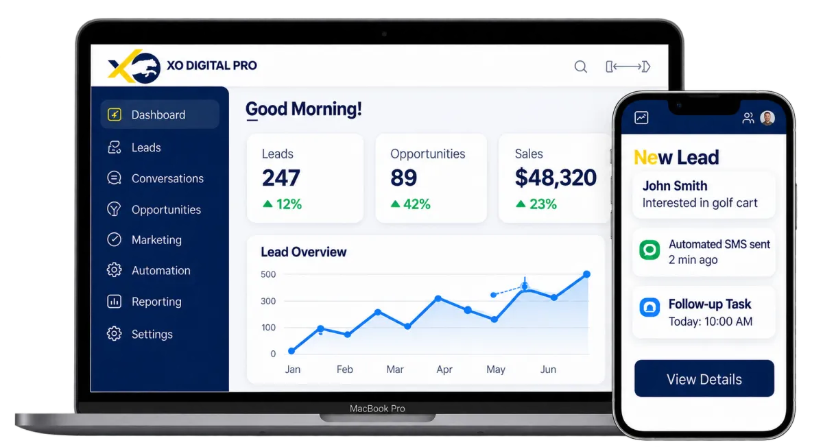 Mockup of a clean, modern software dashboard displayed on a laptop screen with a matching mobile app view hovering next to it