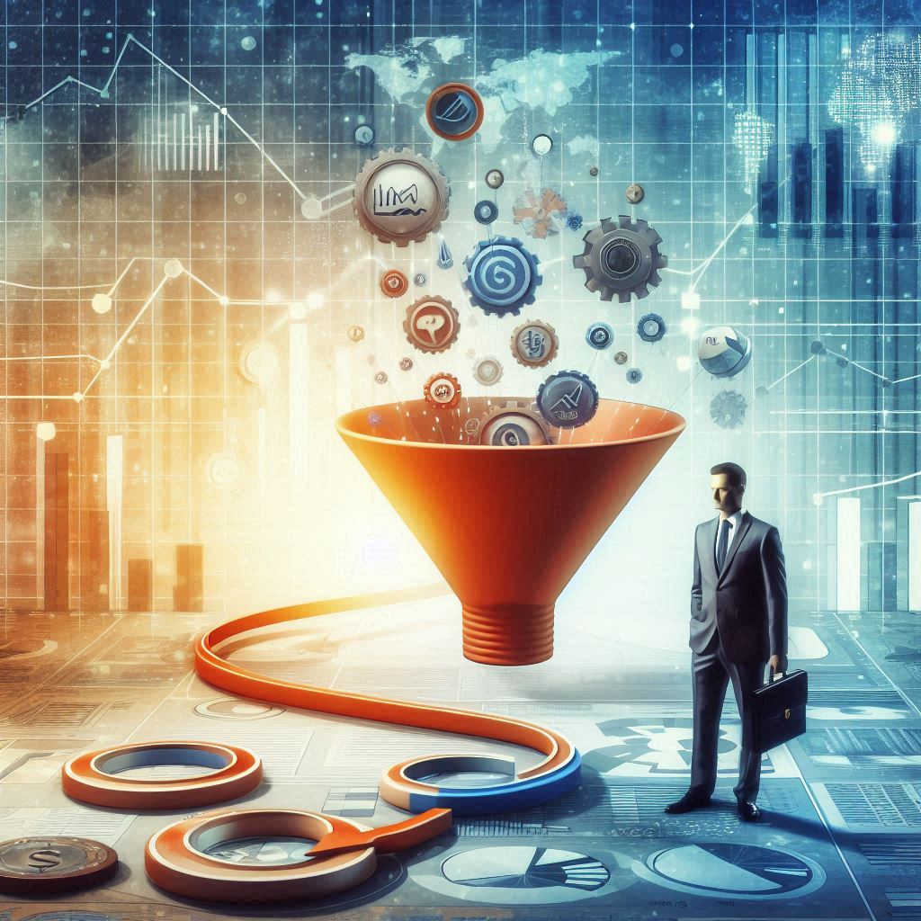 Um gráfico representando um funil de vendas ou uma pessoa analisando dados.