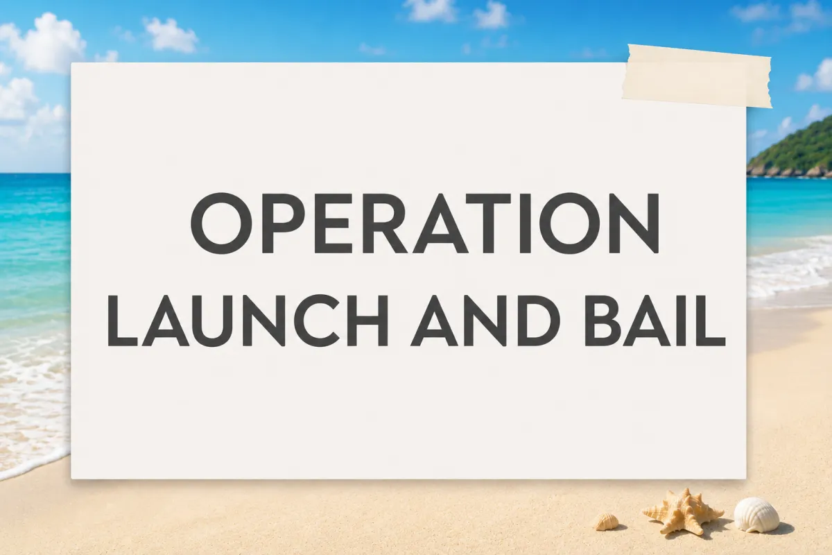 beach scene for fiction authors that says operation launch and bail referring to book launching strategies
