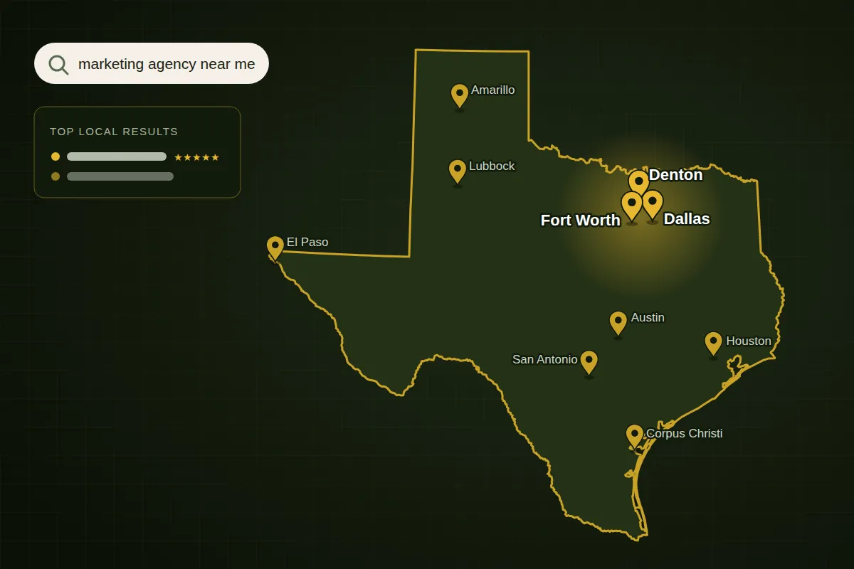 Map of Texas with location pins showing local search results