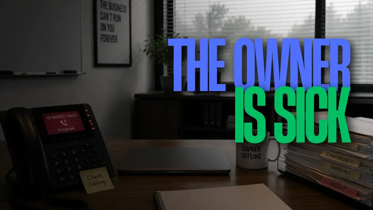 Dark office desk with missed calls on a phone and bold text reading “The Owner Is Sick,” representing a business that stalls when the owner is unavailable.