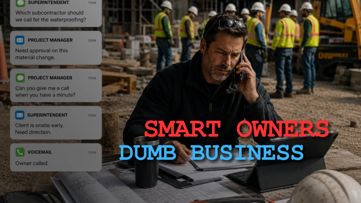 Overwhelmed business owner on a job site taking calls while team members wait in the background, with messages asking for decisions and bold text reading “Smart Owners Dumb Business.”