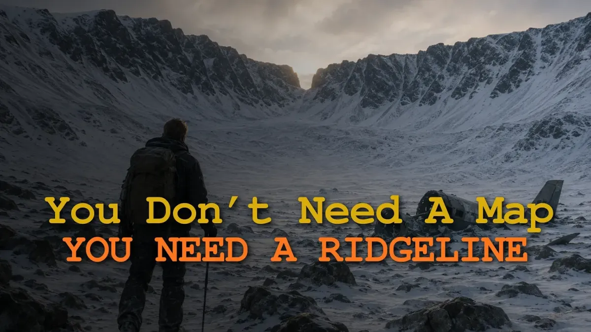 Hiker standing in a snowy mountain valley facing a ridgeline, with overlay text about needing direction instead of a map