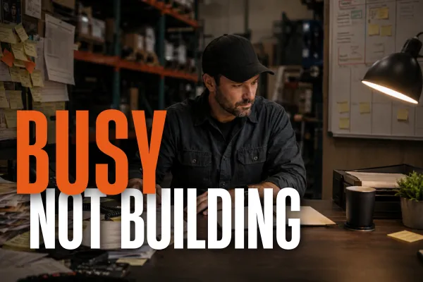 Business owner working at a cluttered desk beneath the words “Busy. Not Building,” illustrating the difference between being busy and making real business progress.