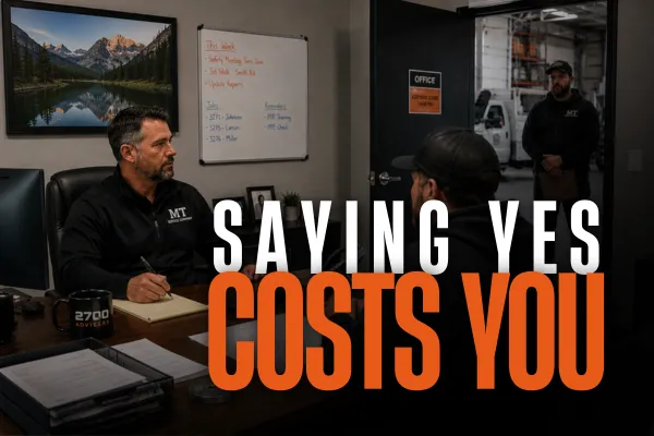 Service business owner meeting with an employee while another waits at the office door, illustrating how always saying yes creates an owner bottleneck.
