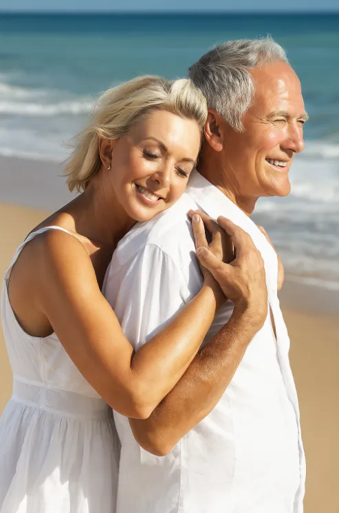 Smiling retired couple on a sunlit Mediterranean terrace overlooking the Spanish coast, evoking relaxed retirement and financial security.