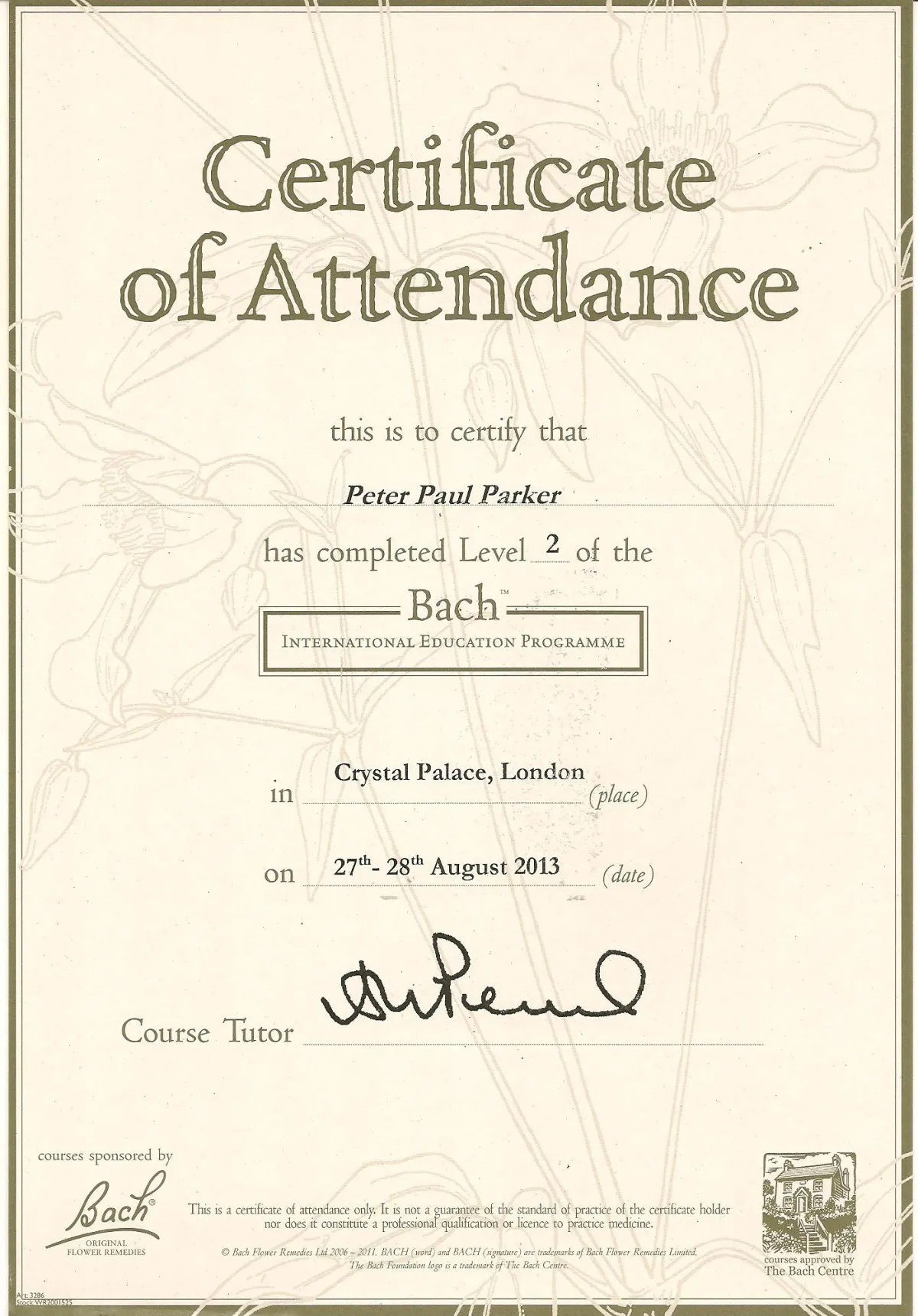 Bach Flower certificate