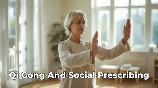 Woman practising Qi Gong for mental health who has used the social prescribing system