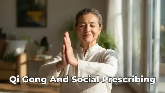Woman practising Qi Gong online after finding the practise through social prescribibg