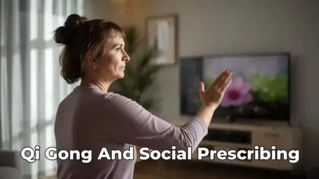 Woman practising Qi Gong at home through social prescribing