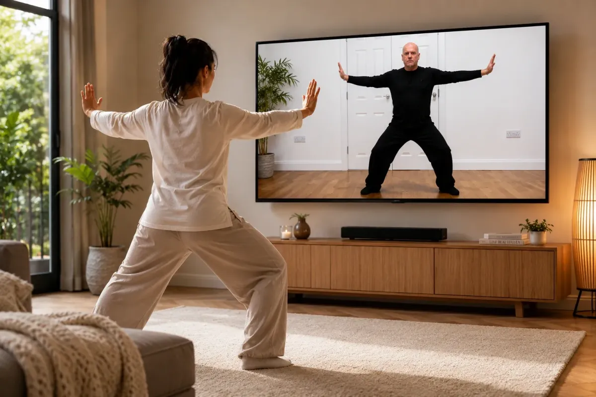 Peter taking an online Qi Gong class at the Bright Beings Academy
