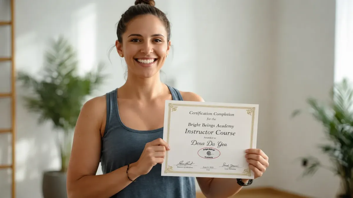 Woman holding her Bright Beings Academy Qi Gong Instructor Certificate