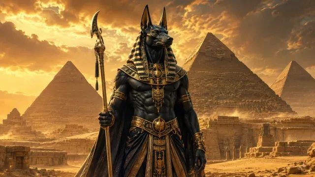 Anubis infront of the great pyramid of giza