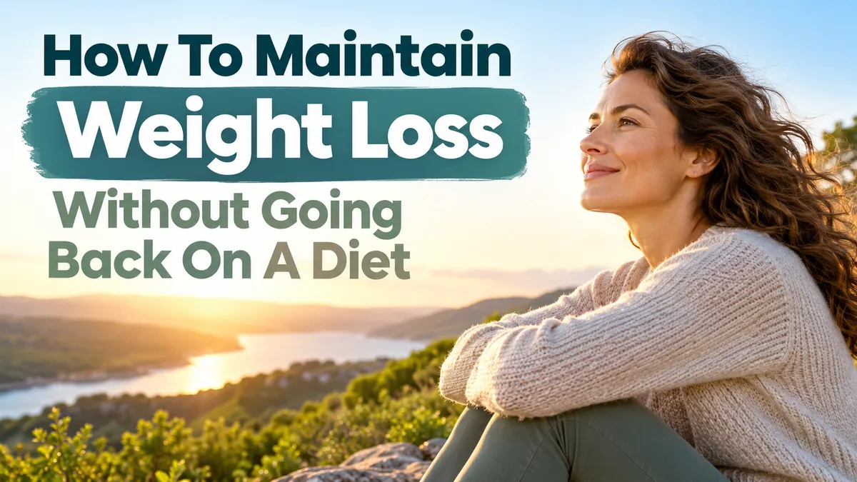 A relaxed middle-aged woman enjoying a balanced meal at home, reflecting sustainable weight maintenance without restrictive dieting.