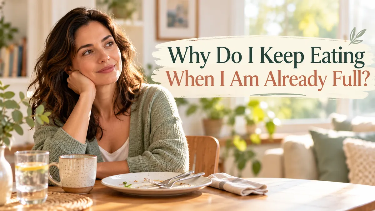 A thoughtful woman sitting at a dining table after a meal, reflecting on eating habits and feelings of fullness.