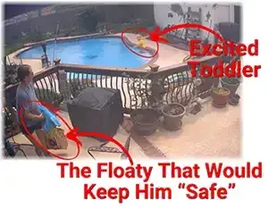 Excited toddler jumping into pool without floaty, highlighting swim safety risk