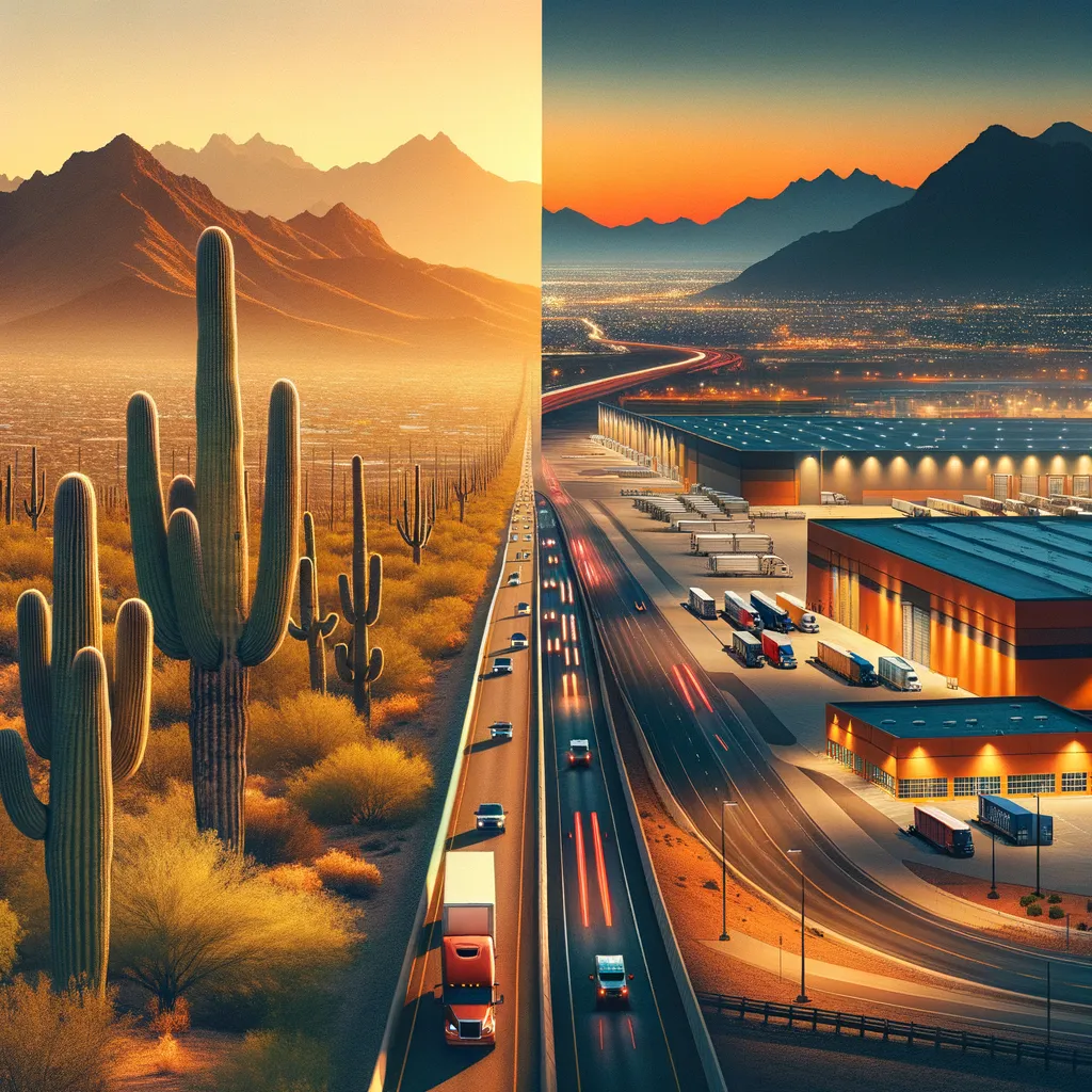 Split-screen photograph: Left side shows a Tucson desert landscape with saguaro cacti and a highway disappearing into the distance under a golden sky. Right side shows Tucson industrial warehouses and distribution facilities along a highway with mountains in the background. Represents the intersection of Arizona's infrastructure investment and economic development.