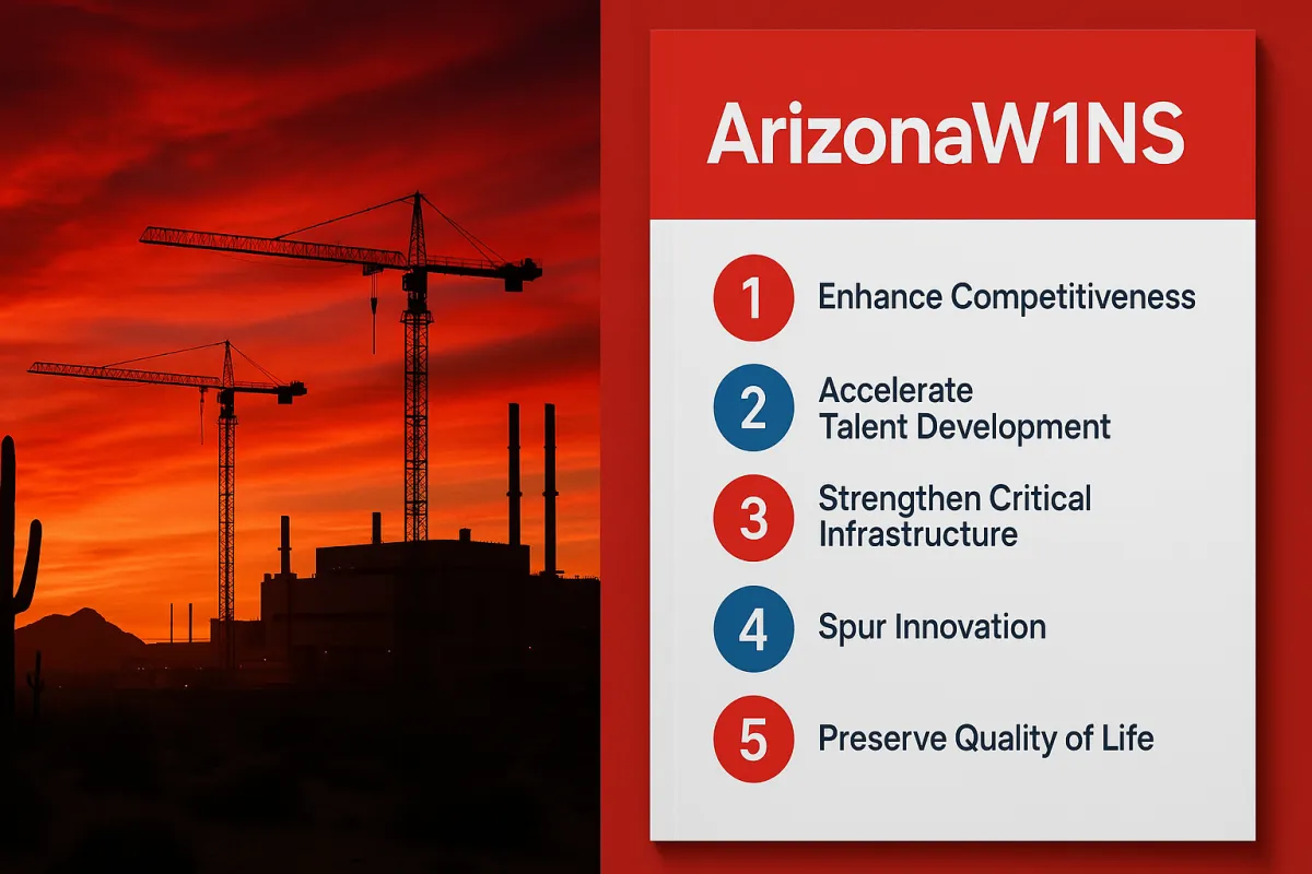 ArizonaW1NS competitiveness playbook split screen with Arizona development skyline and strategic document