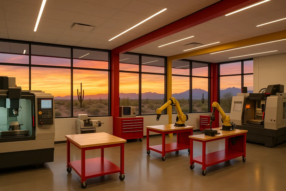 Interior view of Pima Community College's new FIT Lab training facility with advanced manufacturing equipment, overlooking Arizona desert landscape.