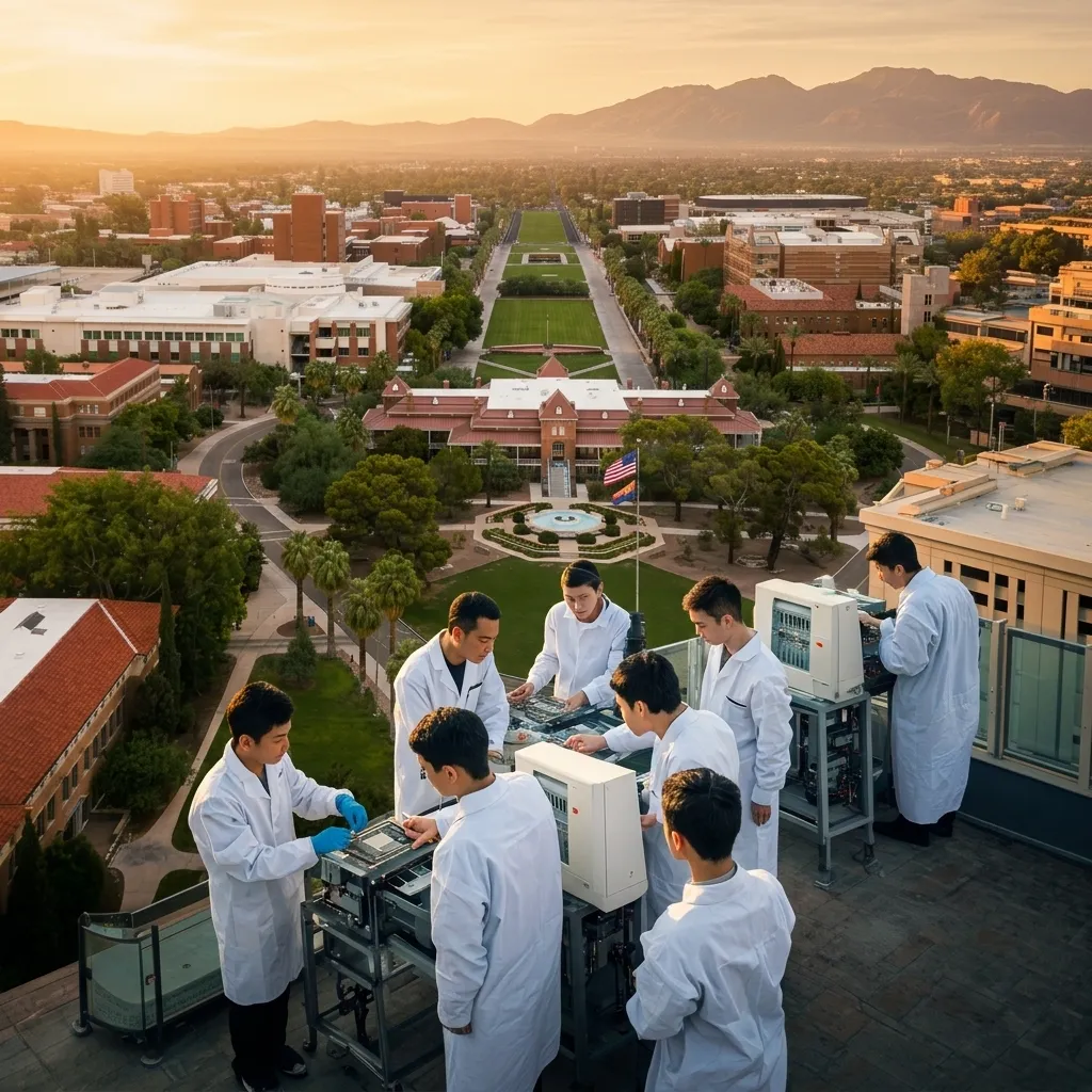 University of Arizona semiconductor facility with students in cleanroom attire, representing Arizona's workforce and international semiconductor partnerships.