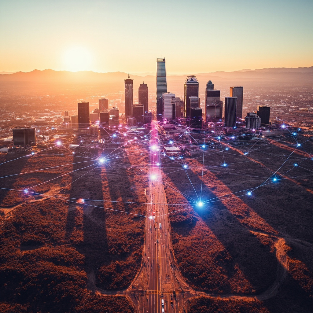Phoenix and Tucson skylines connected by digital nodes, representing Arizona's decentralized tech ecosystem.