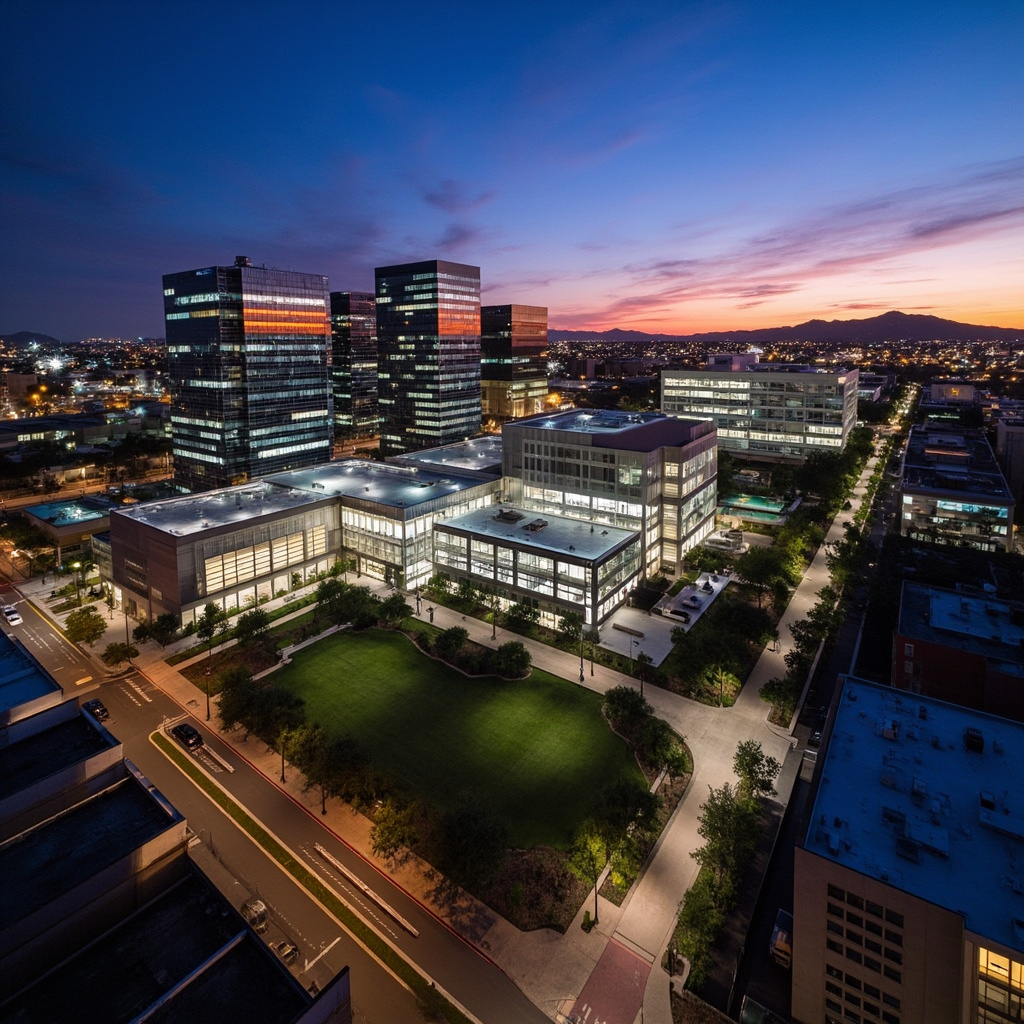 Panorama of industrial construction site in Phoenix with cranes and new buildings rising from desert landscape at golden hour.