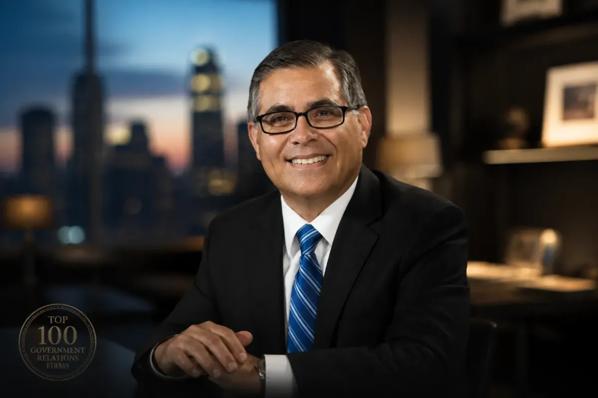 Image of the founder sitting at a desk with a golden hour sunset and credenza behind him.