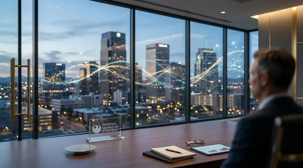 A modern executive boardroom overlooking downtown Phoenix at dusk, with digital network waveforms and connected data nodes superimposed across the skyline. A business professional sits at a conference table beside a display labeled ‘Phoenix Quantum Strategy,’ conveying themes of technology, innovation, data infrastructure, and strategic planning.