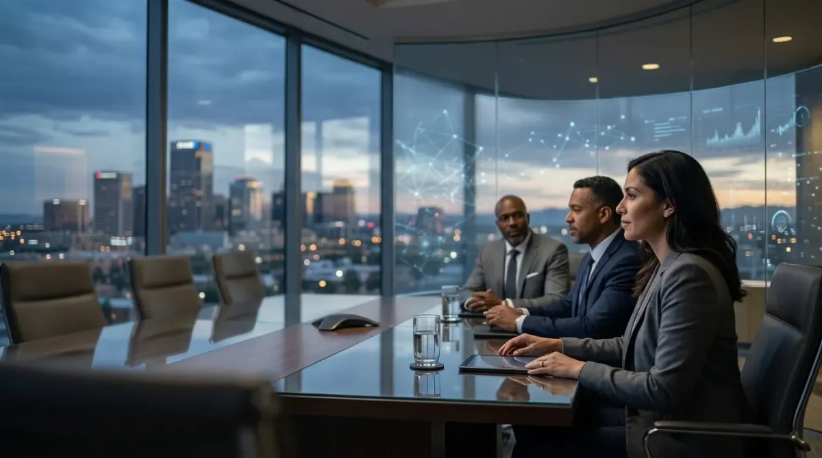 Alt text: Three business professionals sit at a modern conference table in a high-rise office overlooking a city skyline at dusk. Digital data visualizations and network graphics are projected across the glass walls, creating a futuristic corporate atmosphere. The group appears engaged in a strategic meeting, with laptops, water glasses, and a conference speakerphone on the table.