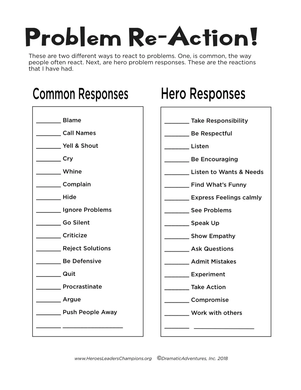 Problem Re-Action play page comparing common responses and hero responses