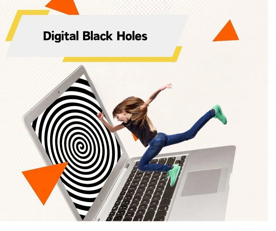 Tech-EQ digital wellness concept showing person caught in social media spiral representing online distractions and digital black holes