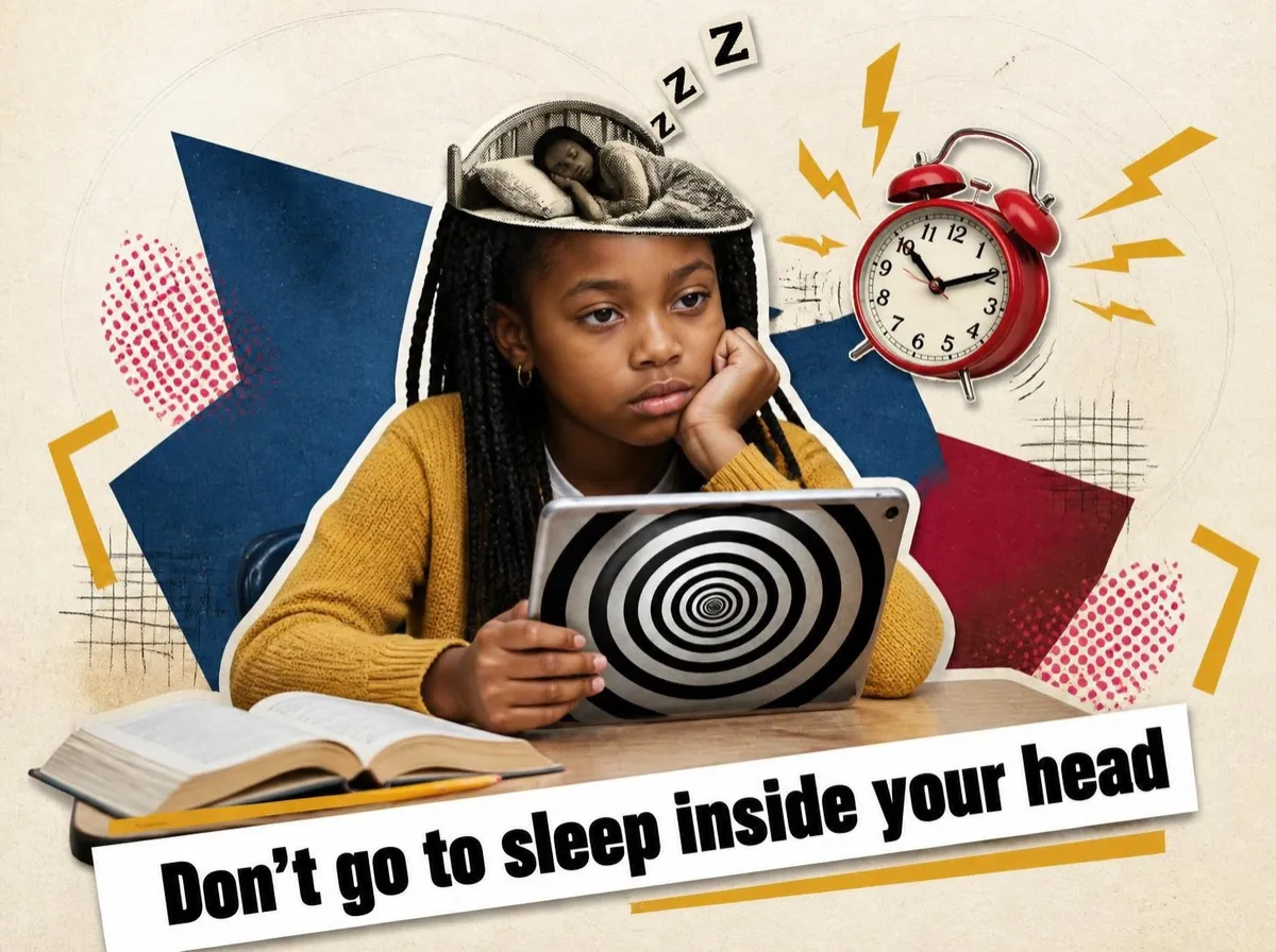 Collage of a bored girl staring at a hypnotic spiral on her tablet while an alarm clock rings, captioned: Don't go to sleep inside your head
