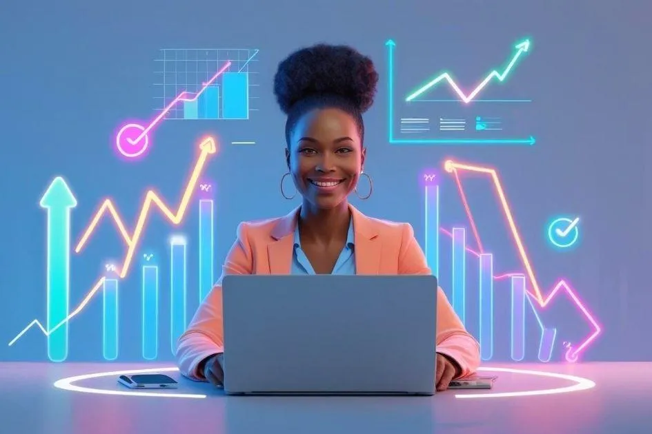 Confident business owner sitting at a desk using a laptop, with growth charts and data overlays, representing continuous improvement with DaVoice AI