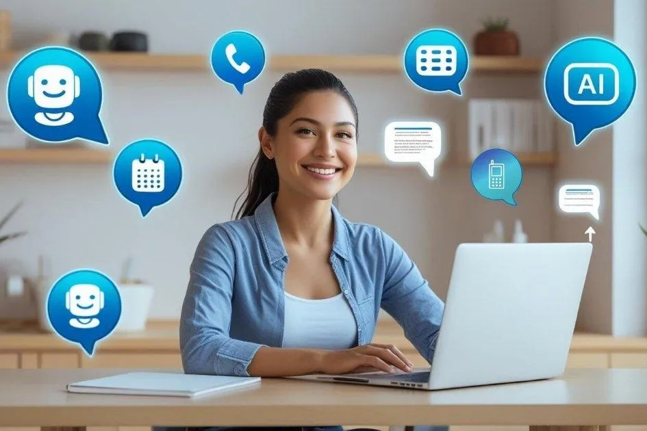 Small business owner using a laptop with floating chatbot, calendar, text notification, and growth icons, representing AI automation and business growth with DaVoice AI