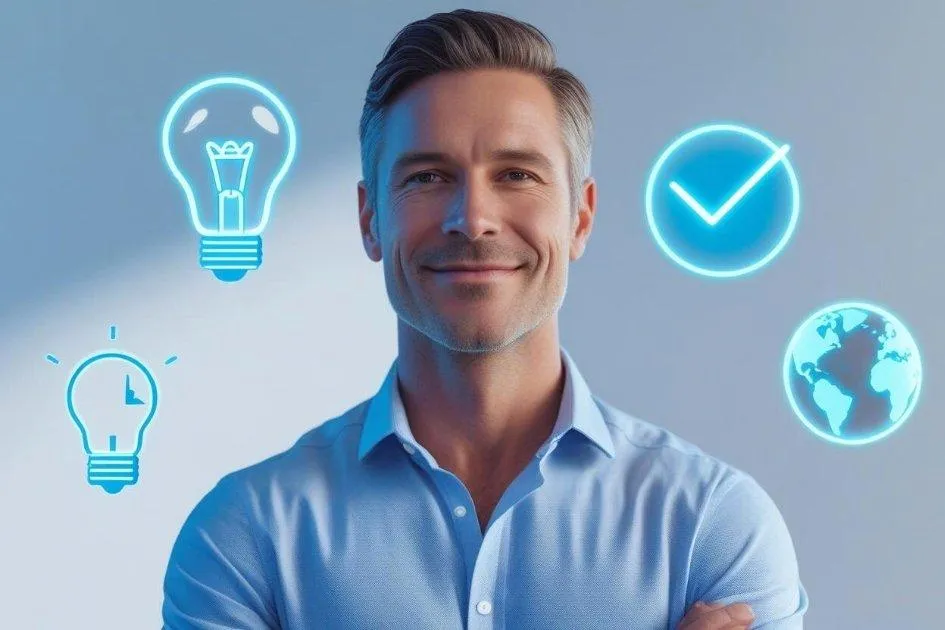 Confident business owner with upward arrows and icons for innovation, productivity, and global reach, representing step-by-step business growth with DaVoice AI