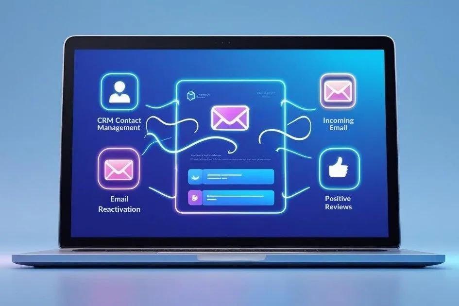 Laptop screen with floating icons for CRM, email reactivation, and reviews, symbolizing client loyalty and retention tools from DaVoice AI