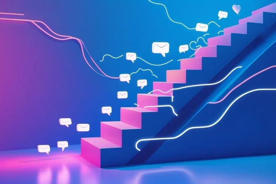 Abstract staircase or plant with icons for reviews, follow-ups, and trust, symbolizing small steps and business growth with DaVoice AI