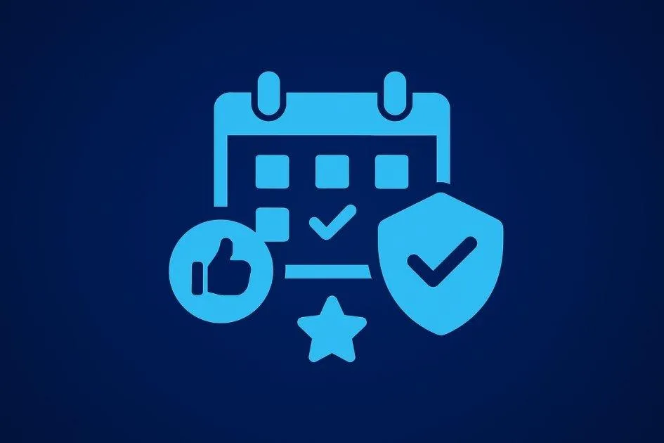 Illustration of a calendar and trust icons representing social media automation and consistent branding for small business owners by DaVoice AI