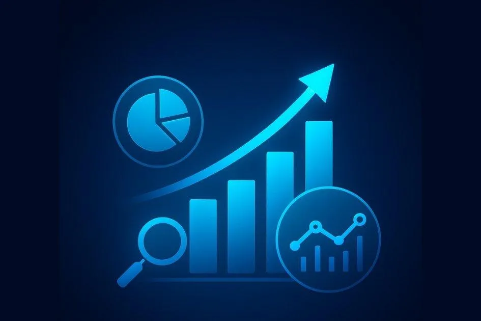 Neon blue analytics icons including a bar graph, arrow, pie chart, and line chart on a dark gradient background, representing continuous improvement with DaVoice AI