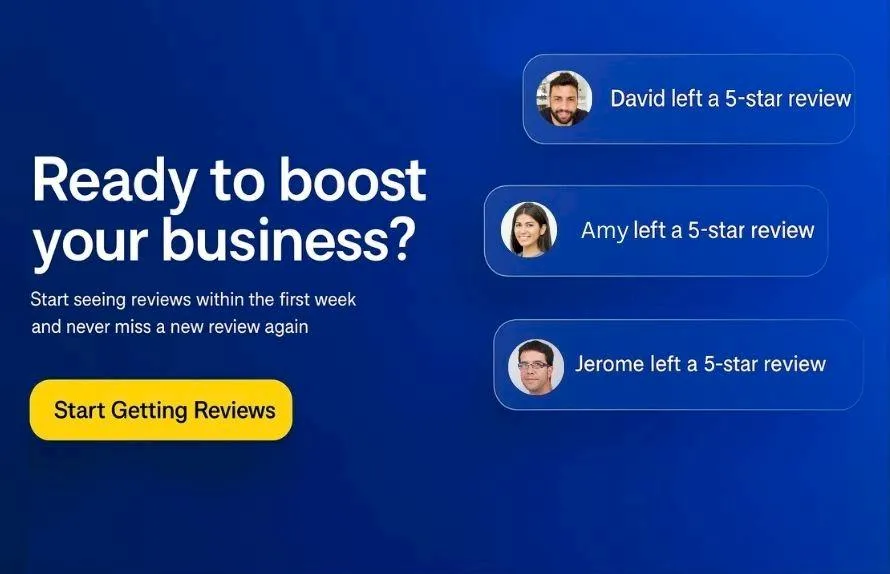 Notifications of customers leaving 5-star Google My Business reviews with open space on the left for headline and CTA