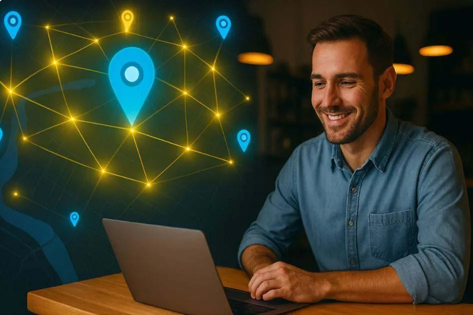 Happy business owner managing his online business listings