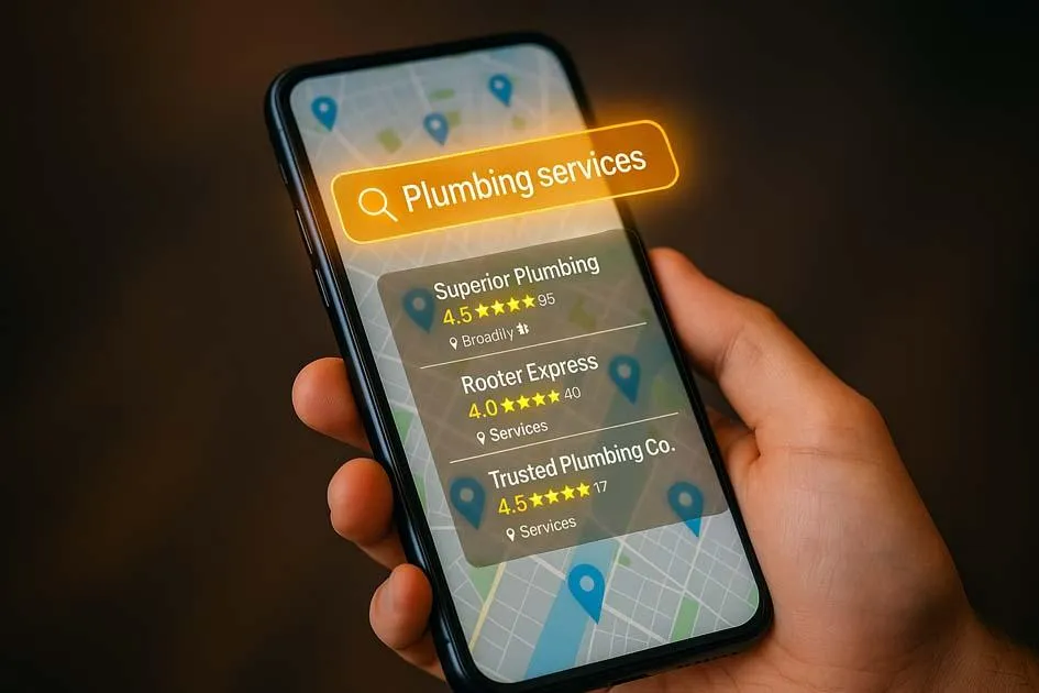 Mobile phone screen with floating search bar symbolizing local business search and Google local listings from DaVoice AI business directory listings