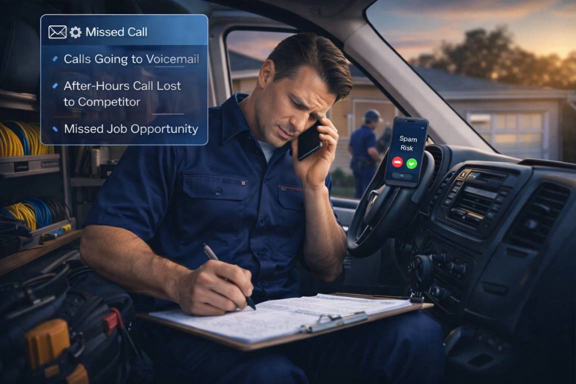 electrician answering service showing missed job call while electrician works in service van