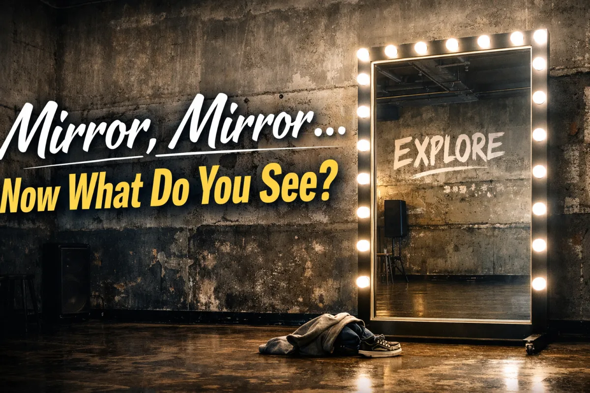 Modern urban dance studio with a large mirror and neon “EXPLORE” sign, representing self-expression and movement practice.
