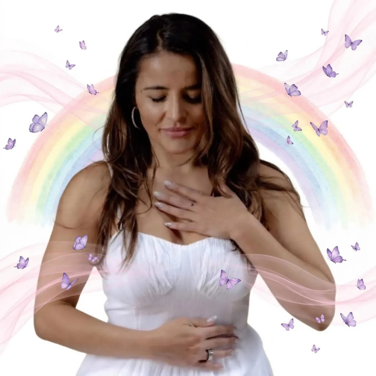 Soft illustration of a tired mother sitting under a small raincloud that is slowly turning into a rainbow