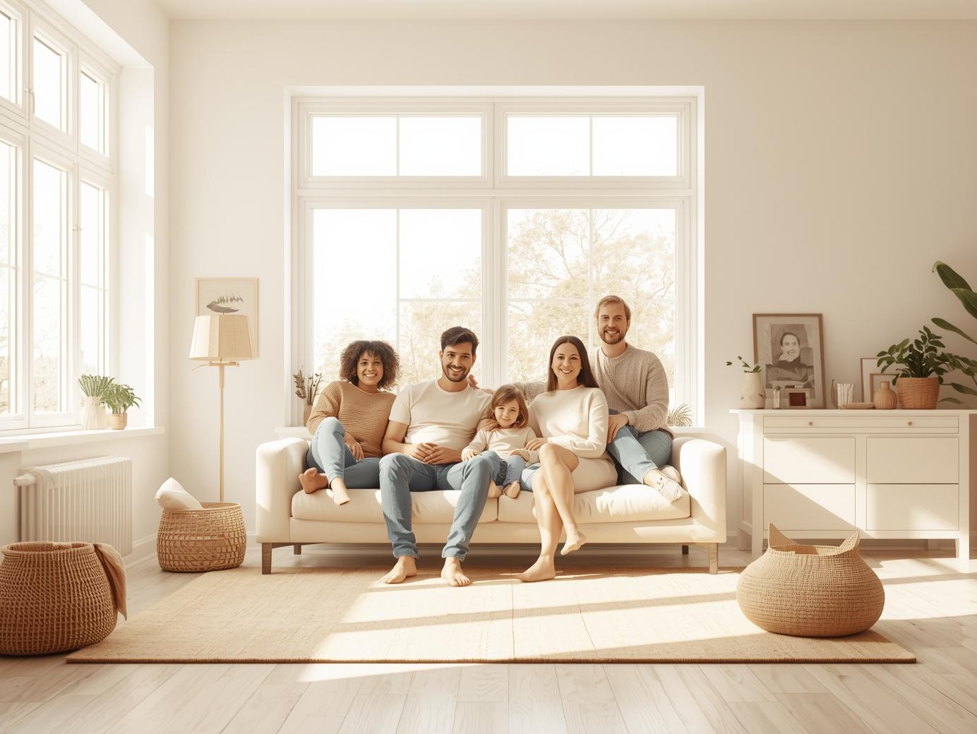 A bright, modern living room with a family atmosphere. A clean sofa, tidy floor, and soft natural daylight coming through the windows. No people posing, just a warm, lived-in home feeling. Calm, clean, realistic, minimalistic style, suitable as website background image.