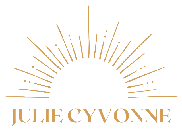 Gold sunburst logomark over the text 'JULIE C YVONNE' in a serif font